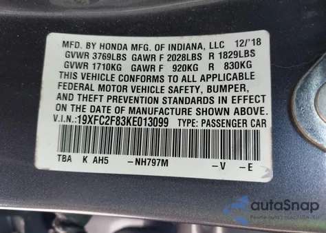 2019 Honda Civic Sport z USA, uszkodzony, nr VIN 19XFC2F83KE013099